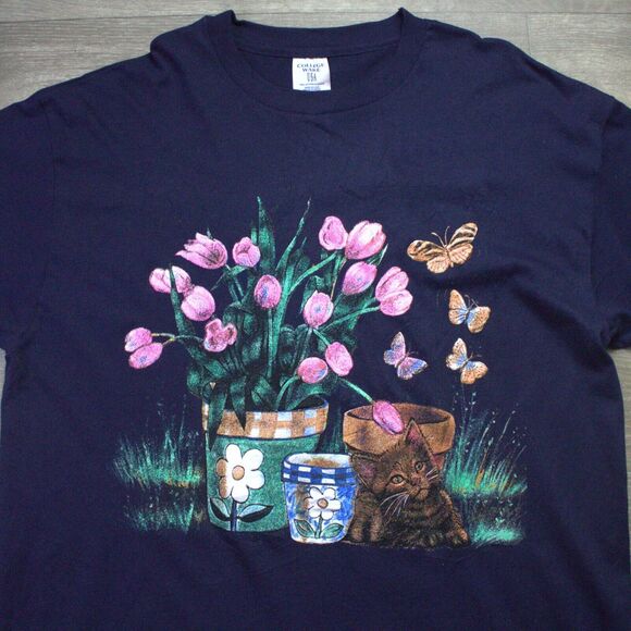 Vintage College Ware USA Cat Flower Pot Print T Shirt Single Stitch XL Blue - Picture 1 of 5